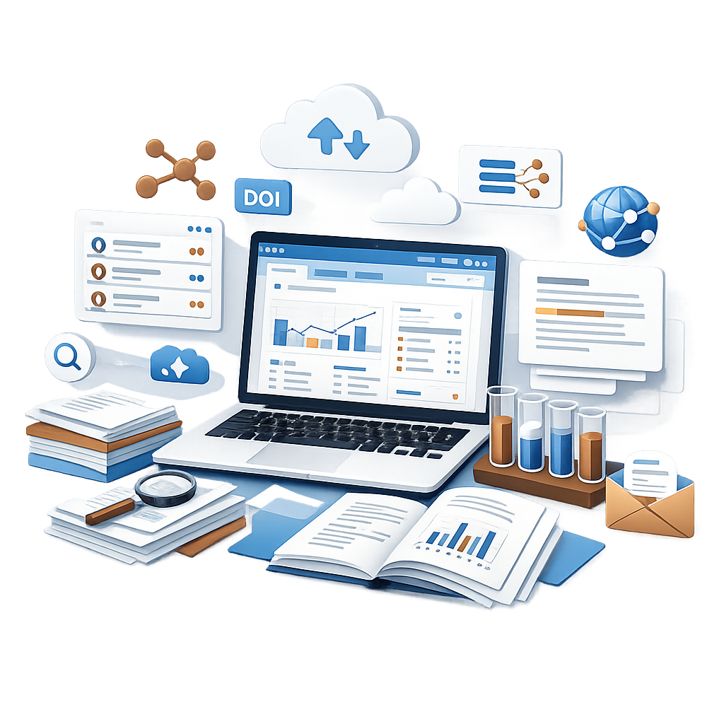 Professional OJS journal management dashboard illustration